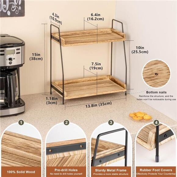 Wood Coffee Station Organizer 2 Tier Shelf Kitchen Counter Storage Home Office - Picture 2 of 7